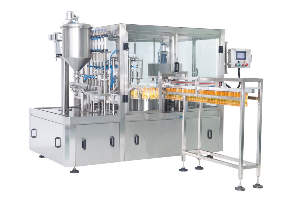 Four-nozzle rotary spout pouch filling and capping machine illustration